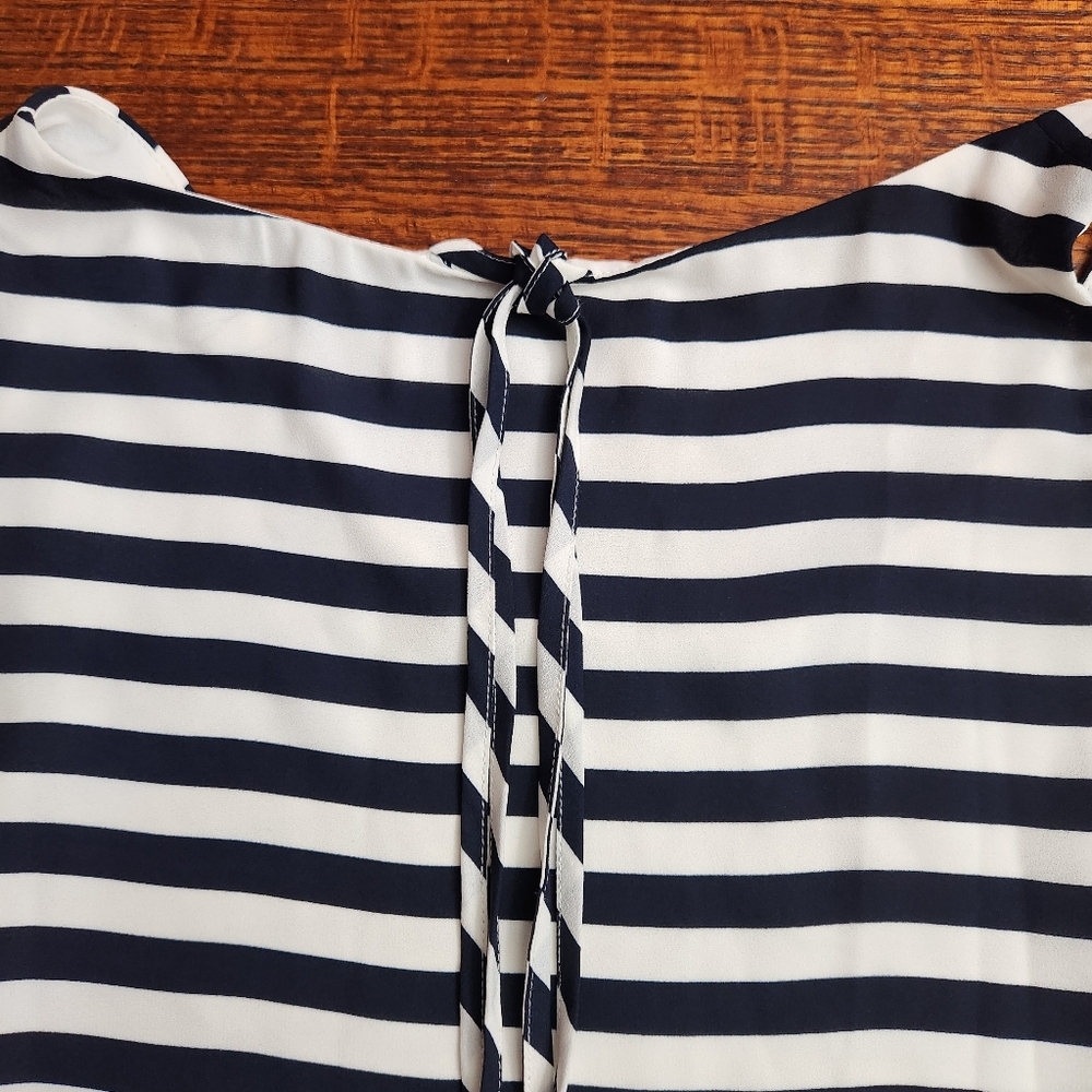 Ann Taylor LOFT Size Medium Striped Navy Sleeveless Sheath Dress tie belt - Picture 9 of 9